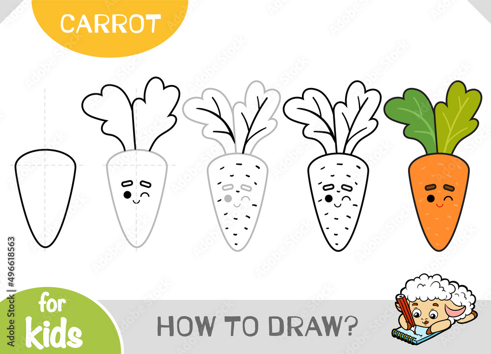 How to draw Carrot for children. Step by step drawing tutorial. Stock
