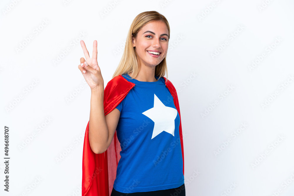 Super Hero caucasian woman isolated background smiling and showing victory sign Super Hero caucasian woman isolated background smiling and showing victory sign