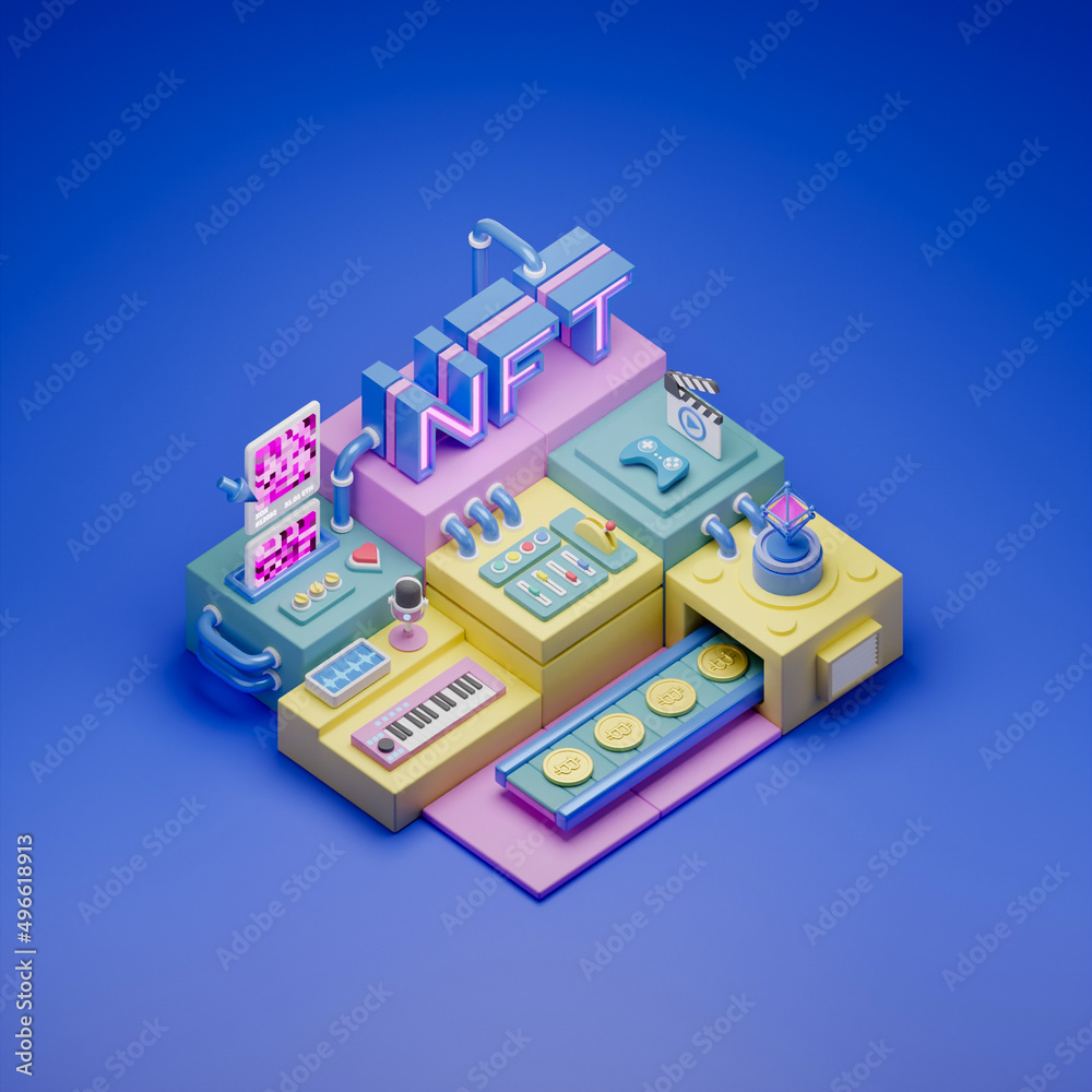 NFT Non-Fungible Token Cryptocurrency unique items art games characters collectibles exchanging technology network virtual blockchain marketplace concept. 3d rendering.