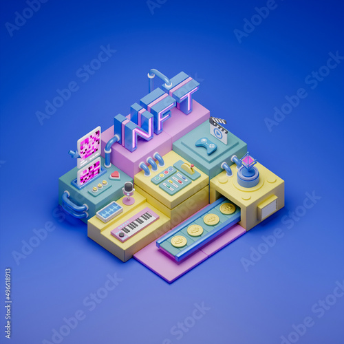 NFT Non-Fungible Token Cryptocurrency unique items art games characters collectibles exchanging technology network virtual blockchain marketplace concept. 3d rendering. © Chaosamran_Studio