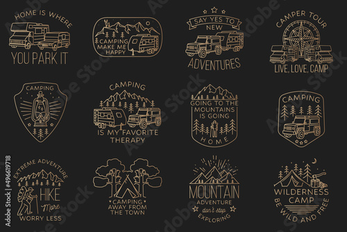 Set of camping badges, patches. Vector. Concept for shirt or logo, print, stamp or tee. Vintage line art design with camper tent, hiker, 3d off-road car, trailer and mountain.