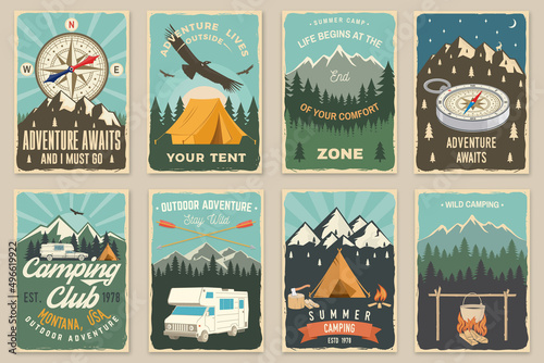 Set of camping retro posters. Vector illustration. Vintage typography design with motor home, camping tent, mountain, boiling pot at the campfire, forest and compass silhouette.