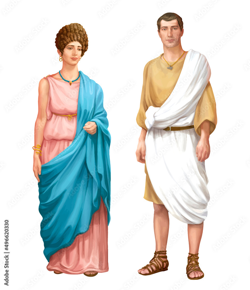 Illustration about ancient Roman couple on white background. Man and woman dressed in old roman costumes. - obrazy, fototapety, plakaty 