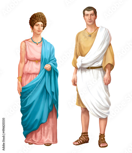 Illustration about ancient Roman couple on white background. Man and woman dressed in old roman costumes. photo