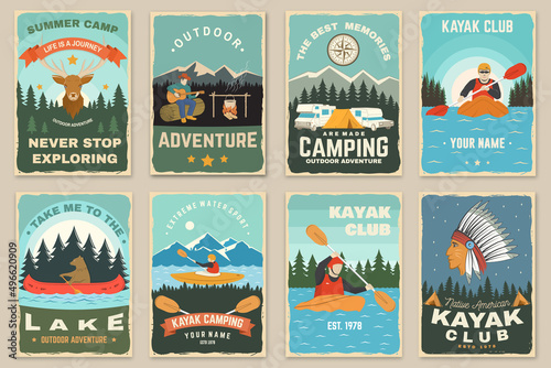 Set of camping retro posters. Vector. Concept for shirt or print, stamp, travel badge. Vintage typography design with kayaker, american indian, elk, forest, mountain, man with guitar, kayaker