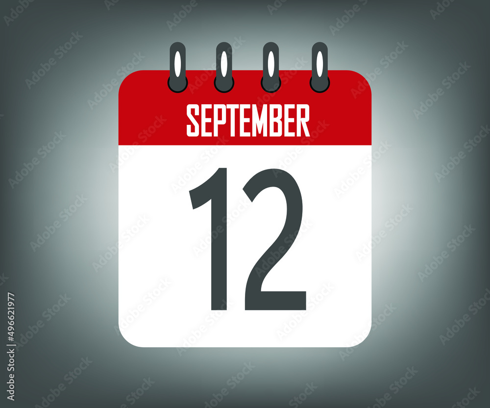 Icon day 12 september, red calendar template with gray background Icon day 12 september, red calendar template with gray background