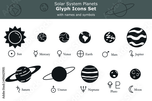 Solar system planets with names and symbols glyph icons pack. Black solid planetary objects. Isolated negative space design elements. Garamond font	
