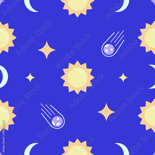 Outer space sky cartoon vector seamless pattern. Colorful kids style repeating texture for apparel, textile design. Cute vector background. Sun, moon, stars, meteorites on violet background