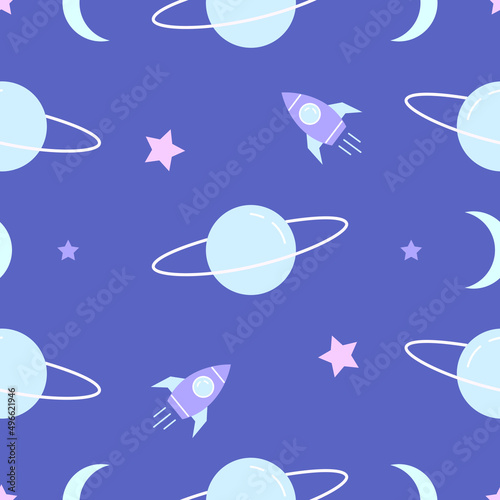 Planets and rockets in space cartoon seamless pattern. Colorful childish repeating texture for apparel, fabric design. Cute background. Moons and stars on pastel violet 