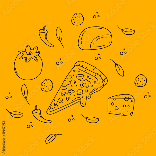 Pizza maker. Background for a poster with doodles of pizza ingredients. Pattern for pizzeria textiles. Vector illustration
