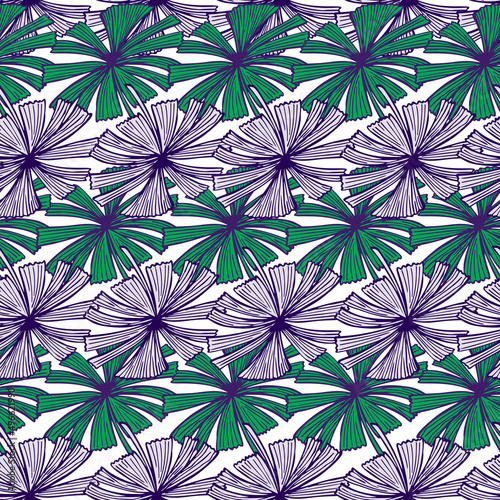 Fan palm leaves seamless pattern on. Vintage foliage of palmetto in engraving style.