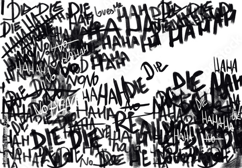 text scrawl with psychedelic and scary sentences, laughter and grunge text, anxious and mentally ill writing and anxious black and white Fototapeta