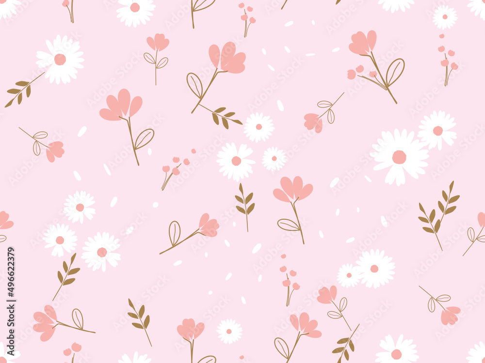 Seamless pattern with daisies, branches and butterflies on green background vector. Seamless pattern with daisies, branches and butterflies on green background vector.
