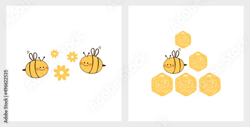 Set of bee cartoons, cute flower and honey logo isolated on white backgrounds vector.