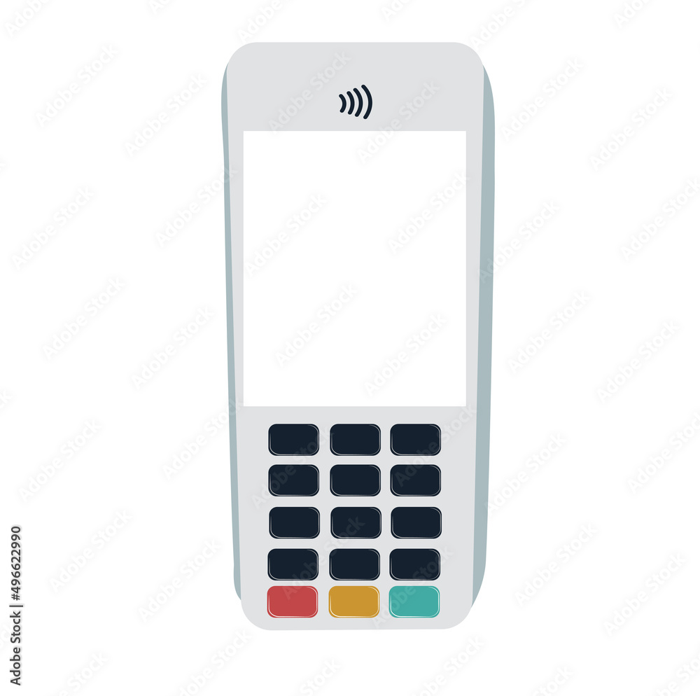 Cash register machine POS for payments terminal . Vector stock illustration. Device for reading banking cards. Isolated on a white background. Cash register machine POS for payments terminal . Vector stock illustration. Device for reading banking cards. Isolated on a white background.