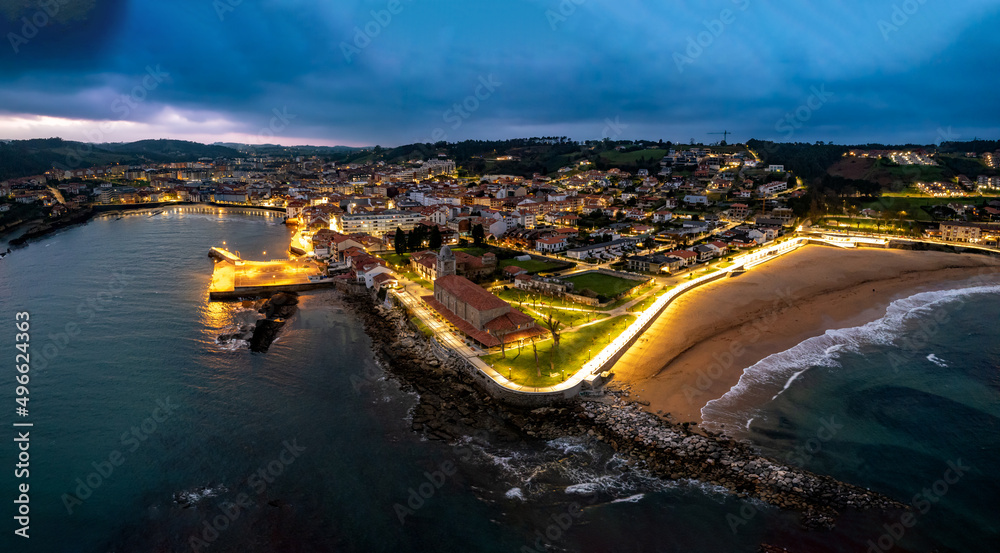 Aerial view of the town of Luanco at dusk, Asturias, Spain.