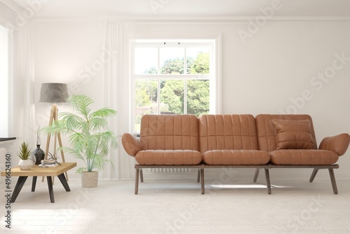 Stylish room in white color with sofa and summer landscape in window. Scandinavian interior design. 3D illustration