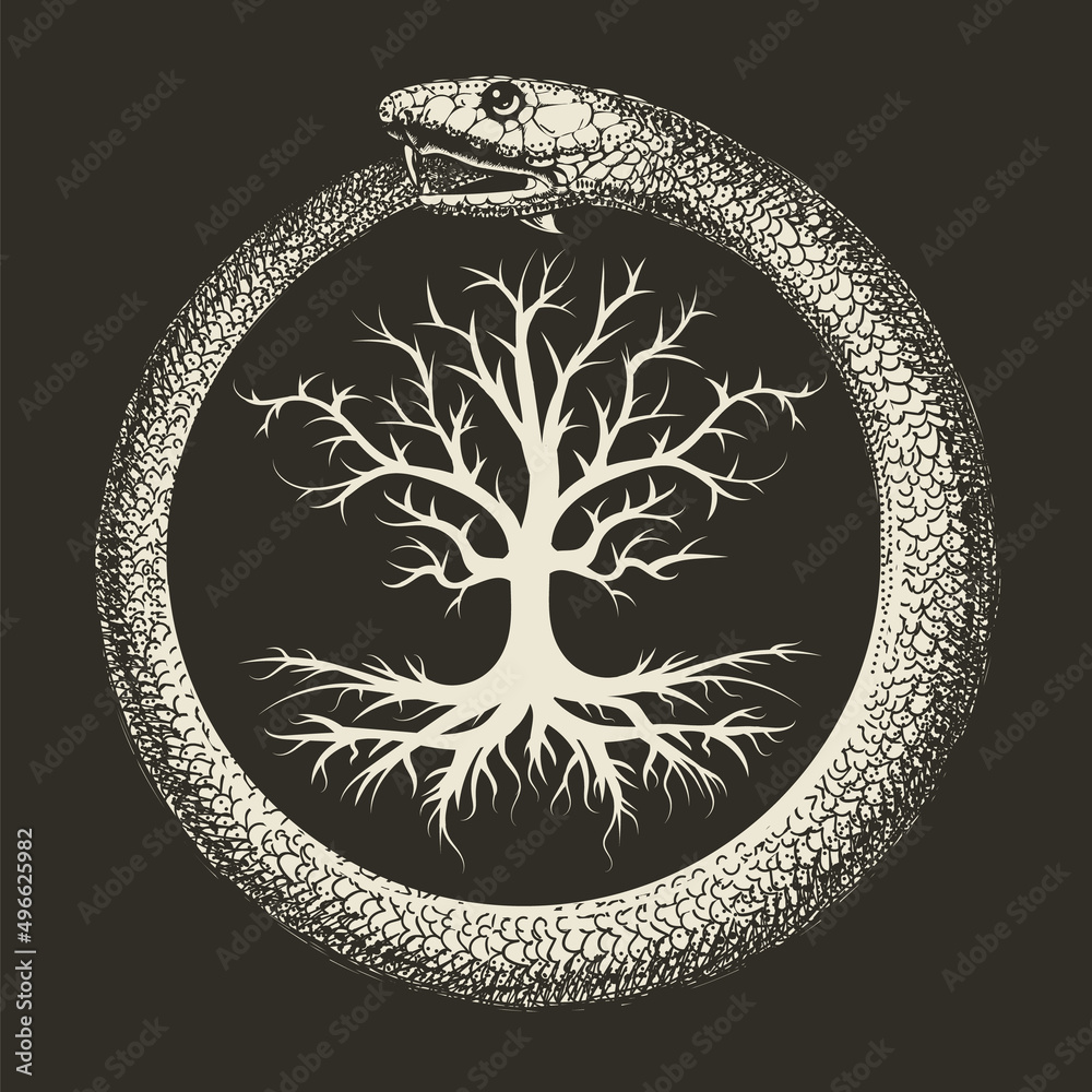 Ouroboros Snake And Tree Of Life Ancient Esoteric Symbol เวกเตอร์สต็อก |  Adobe Stock