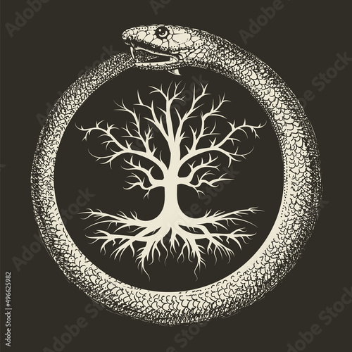 Ouroboros Snake and Tree of Life Ancient Esoteric Symbol photo