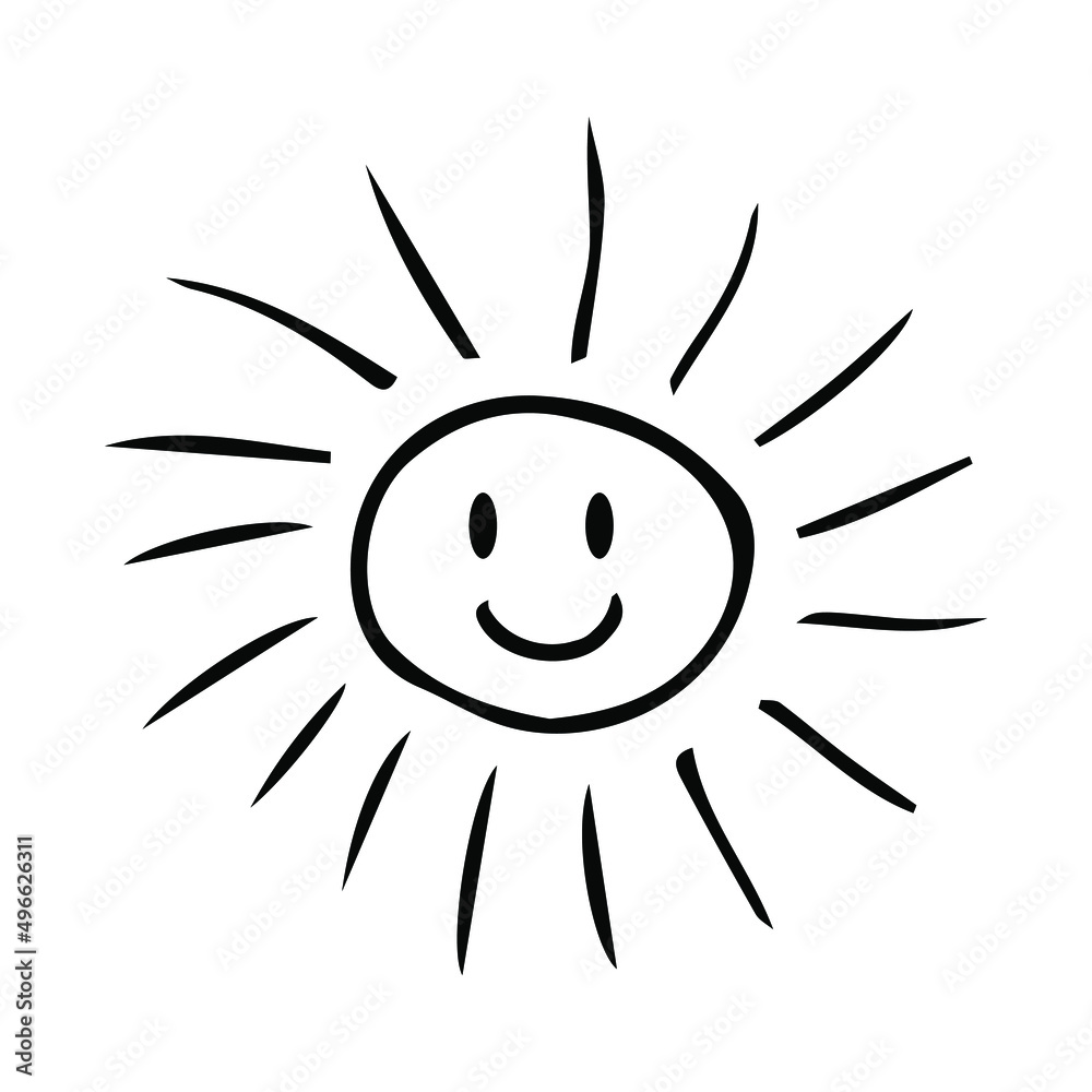 Cute cartoon hand drawing sun. Sweet vector black and white drawing of the sun. Isolated monochrome doodle sun pattern on white background. 