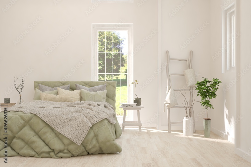 Fototapeta premium White bedroom interior. Scandinavian design. 3D illustration
