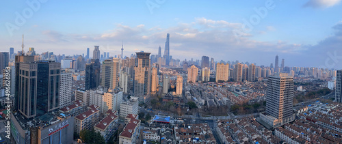 The awesome skyline of the city of Shanghai - looking towards Pudong and Lujiazui from Xizang road in the Puxi area of the city	 photo