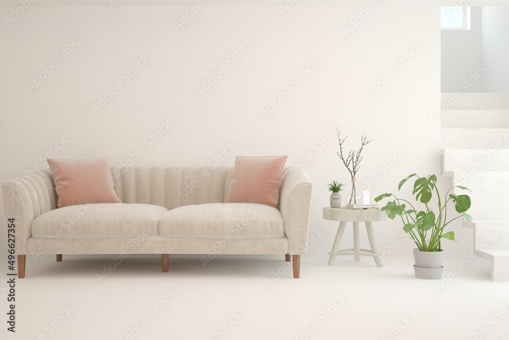 Fototapeta premium White living room with sofa. Scandinavian interior design. 3D illustration