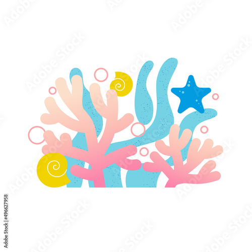 Background of marine elements with shells, algae, starfish and corals. Scene of the natural underwater world. Vector flat design.