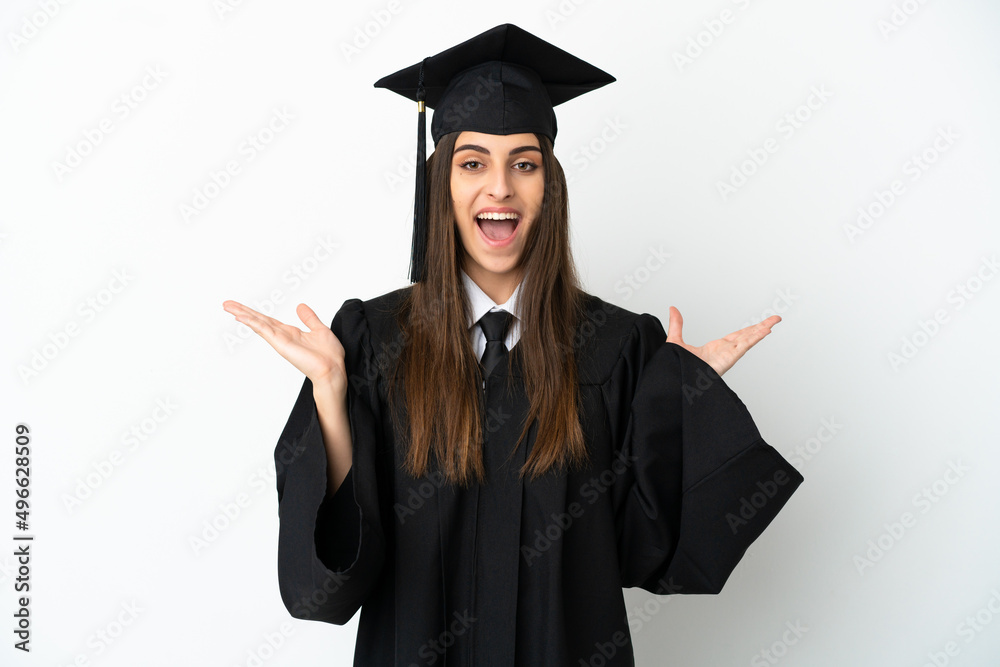 Young university graduate isolated on white background with shocked facial expression Young university graduate isolated on white background with shocked facial expression