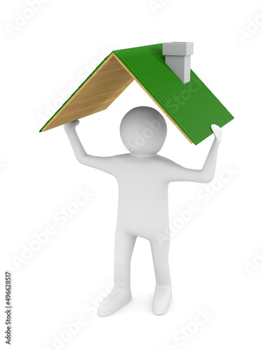 man and green roof on white background. Isolated 3d illustration