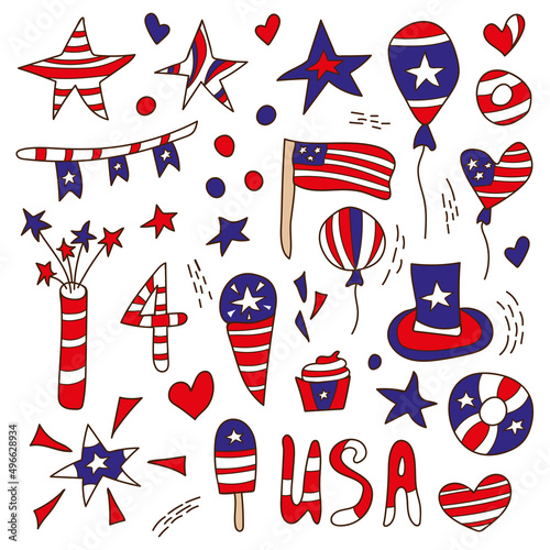 Set of elements for the Independence Day of the USA on July 4th. American flag, stars, balloons and decorations. Vector illustration for stickers, cards. Hand drawn Doodle style