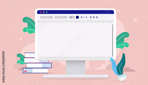 Text writing software on desktop computer screen with empty document. Vector illustration