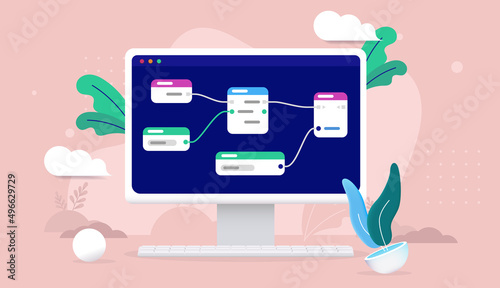 Node based programming on computer - Desktop screen with nodes and coding, vector illustration
