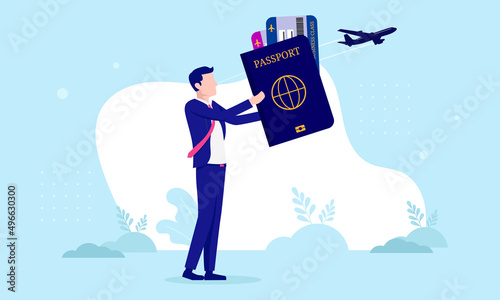 Businessman with passport - Man standing holding plane tickets ready for business travel. Flat design vector illustration with blue background