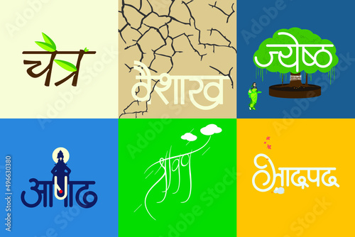 Months in the Marathi language. Creative, conceptual, and Typographical representation of Hindu months. photo