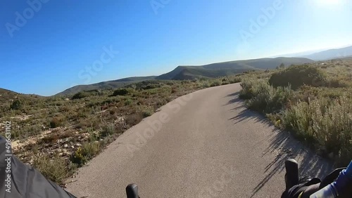 Bike ride along asphalt road outdoors in nature parkland on sunny day, first person view