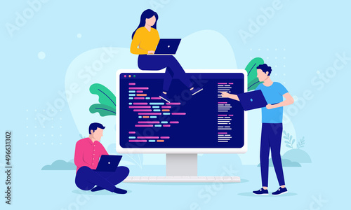 Digital development people - Three characters working on computer with code language doing programming. Flat design vector illustration with blue background