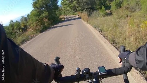 Bike ride along asphalt road outside in nature on sunny day, first person view