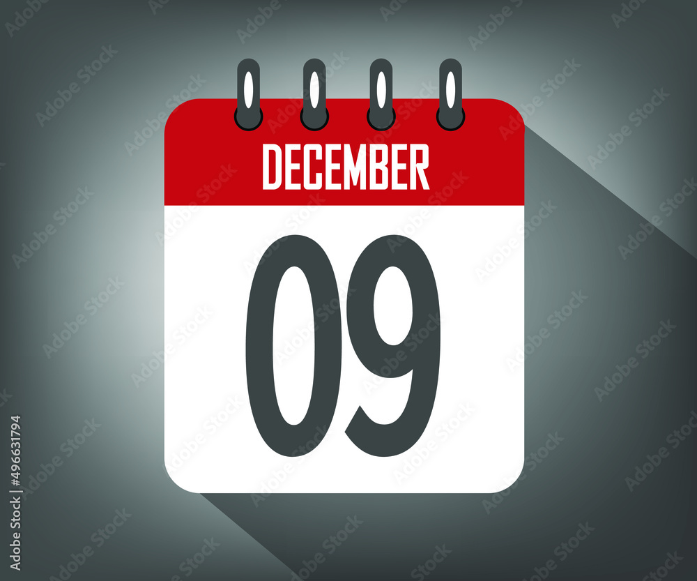 Icon day 9 december, red calendar template with gray background