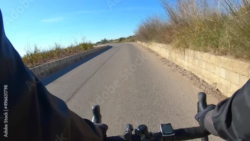 Bike ride along asphalt road past fruit orchards on spring sunny day, first person view