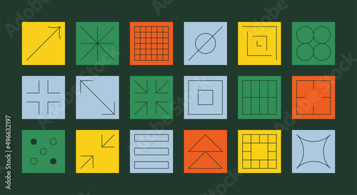 set of simple geometric abstract thin line icons in a minimalist square shape design.