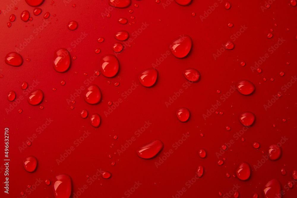 Abstract water drops on red background, macro, Bubbles close up