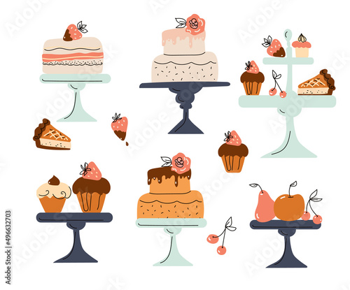 Afternoon tea Stand set with cakes, coffee house icons of chocolate desserts