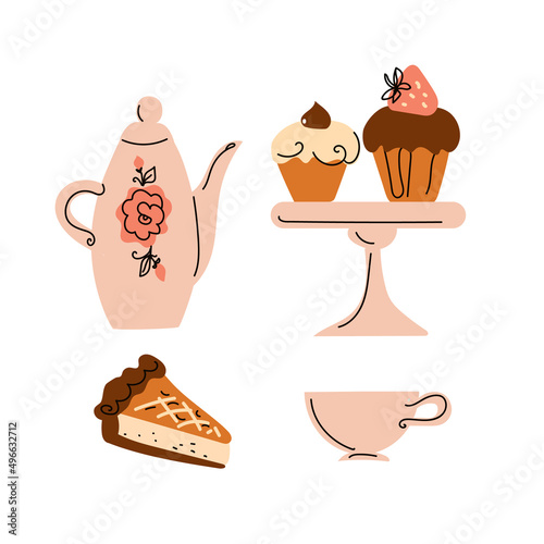 Afternoon tea Stand set with cakes, coffee house icons of chocolate desserts