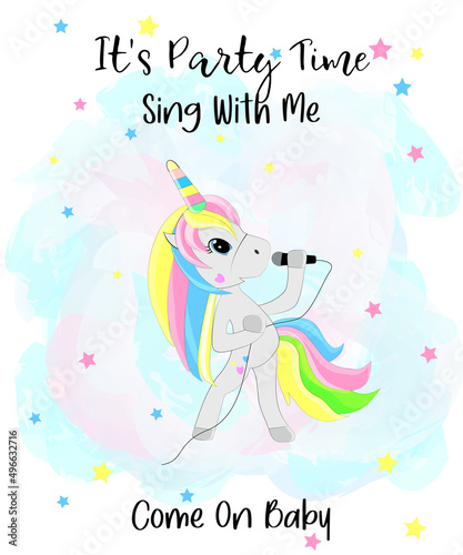 "It's party time" postcard. Magical unicorn sings into the microphone