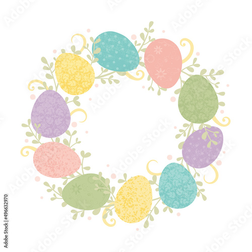 An Easter egg wreath with greenery and flourishes, in a cut paper style with textures 