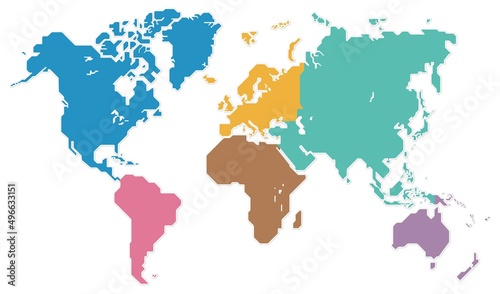 世界地図 六大州 色分け ベクター
