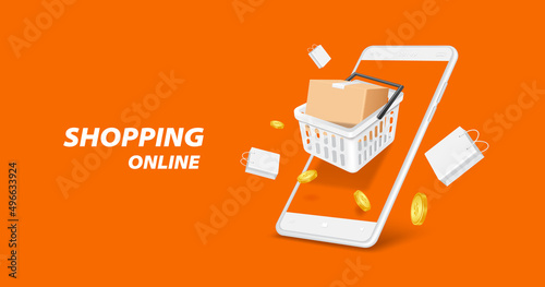 Parcels box in the white shopping basket and all float on the smartphone screen and there were shopping bags and gold coins floating around,vector 3d isolated on orange background for online shopping