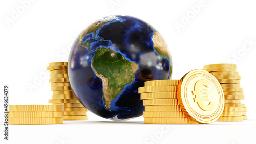 Fototapeta Naklejka Na Ścianę i Meble -  Global finance industry concept,  globe with stack of gold coins. 3D render, Elements of this image furnished by NASA