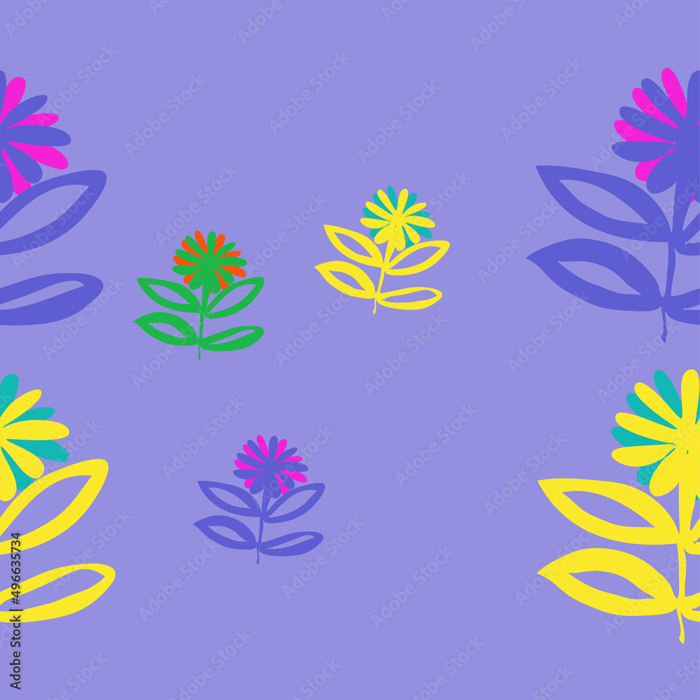 Horizontal stylized colored branches, leaves, flowers. Hand drawn.